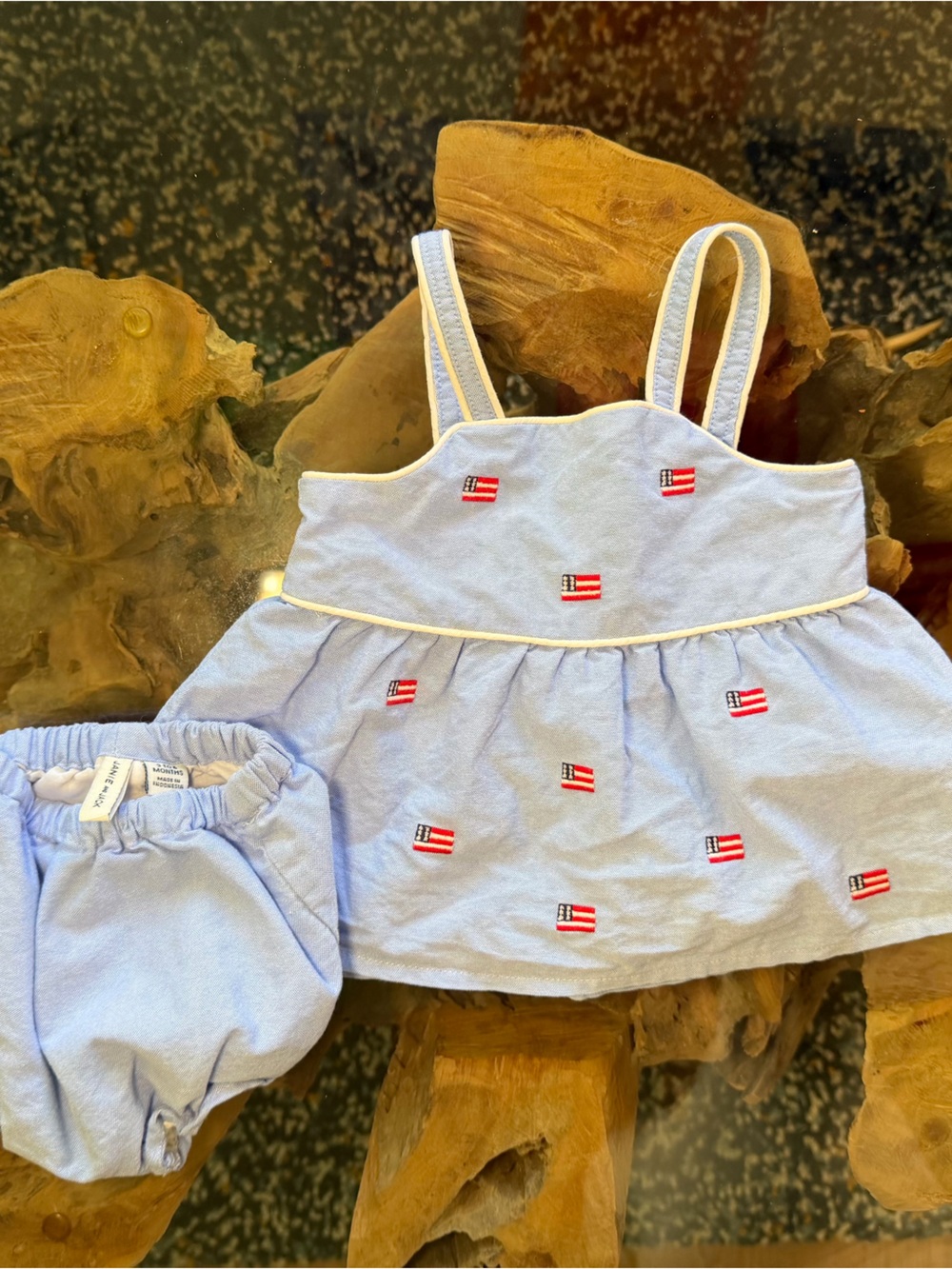 Janie and Jack Light Blue Embroidered with American Flags Two-Piece Set